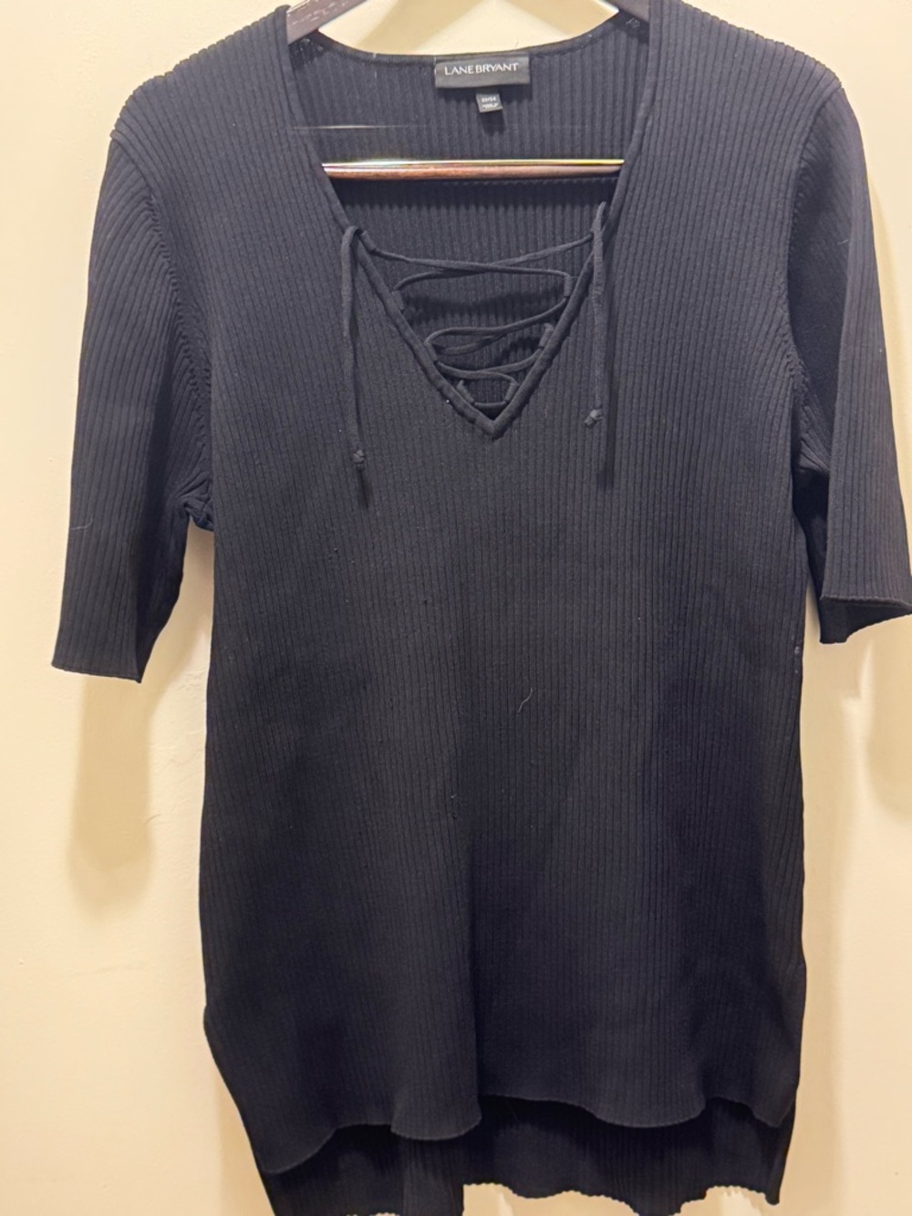 Lane Bryant Black Ribbed Knit Top with Lace-Up V-Neck